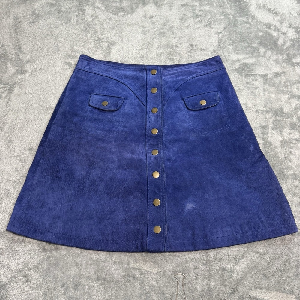 Anthropologie Blue Button Front Leather Skirt Size 6 Retro Indie Designer Boho